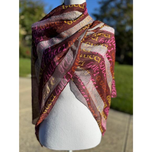 MSRP $330✨ Gucci Metallic Logo Scarf Wrap – 70” x 20” | Brown Pink Chartreuse ✨ - Picture 4 of 10